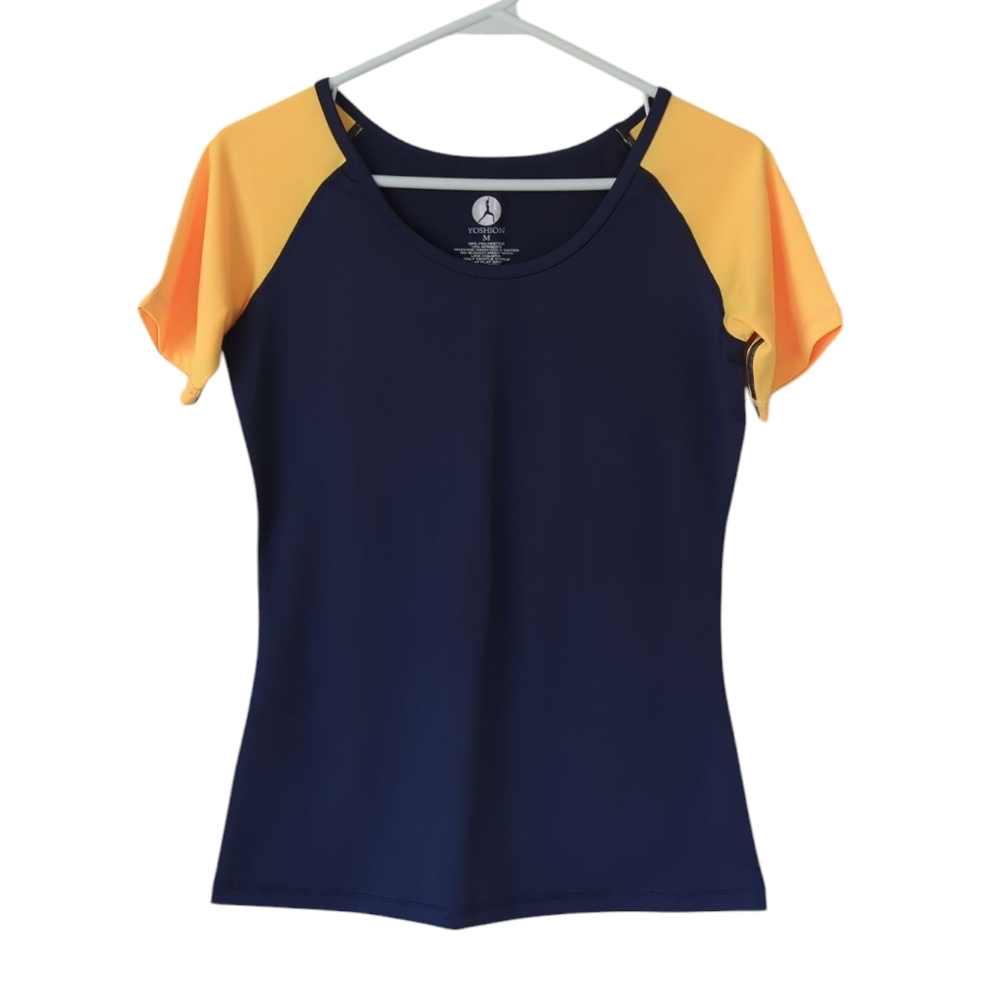 Yoshion Yoga Stretch Athletic Short Sleeve Tee Shirt Medium Blue Yellow